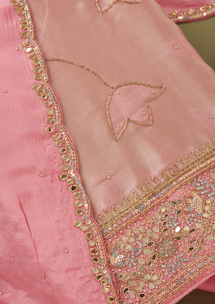 Pink Dola Silk Cutdana Unstitched Dress Material With Matching Bottom And Dupatta