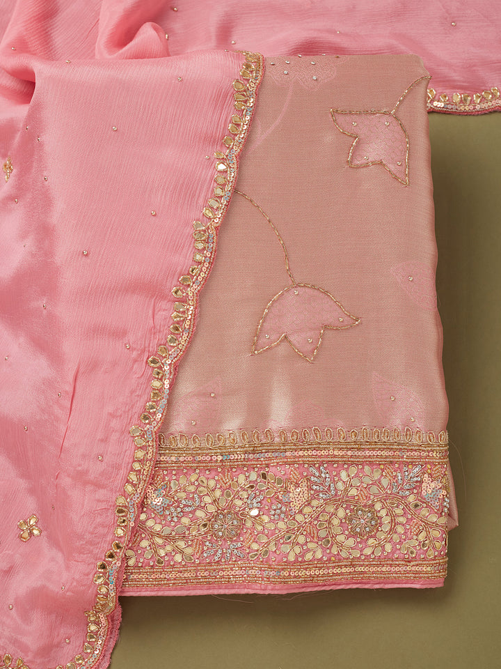 Pink Dola Silk Cutdana Unstitched Dress Material With Matching Bottom And Dupatta