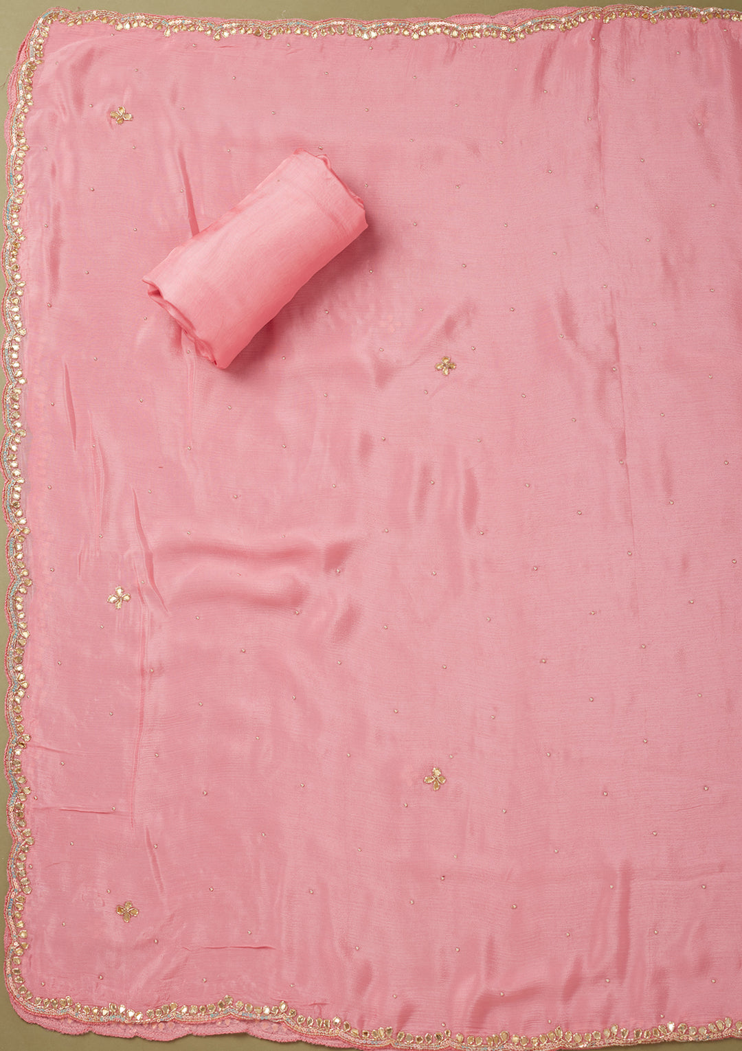 Pink Dola Silk Cutdana Unstitched Dress Material With Matching Bottom And Dupatta