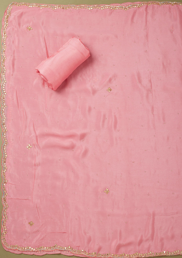 Pink Dola Silk Cutdana Unstitched Dress Material With Matching Bottom And Dupatta