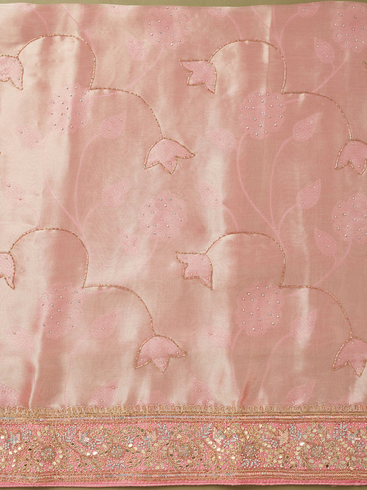 Pink Dola Silk Cutdana Unstitched Dress Material With Matching Bottom And Dupatta