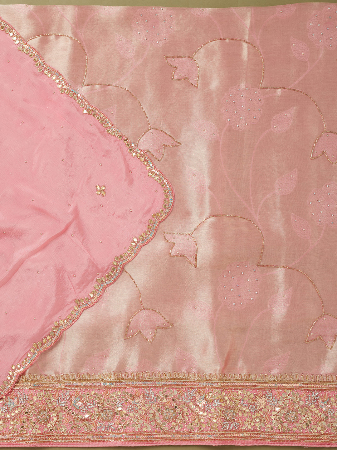 Pink Dola Silk Cutdana Unstitched Dress Material With Matching Bottom And Dupatta