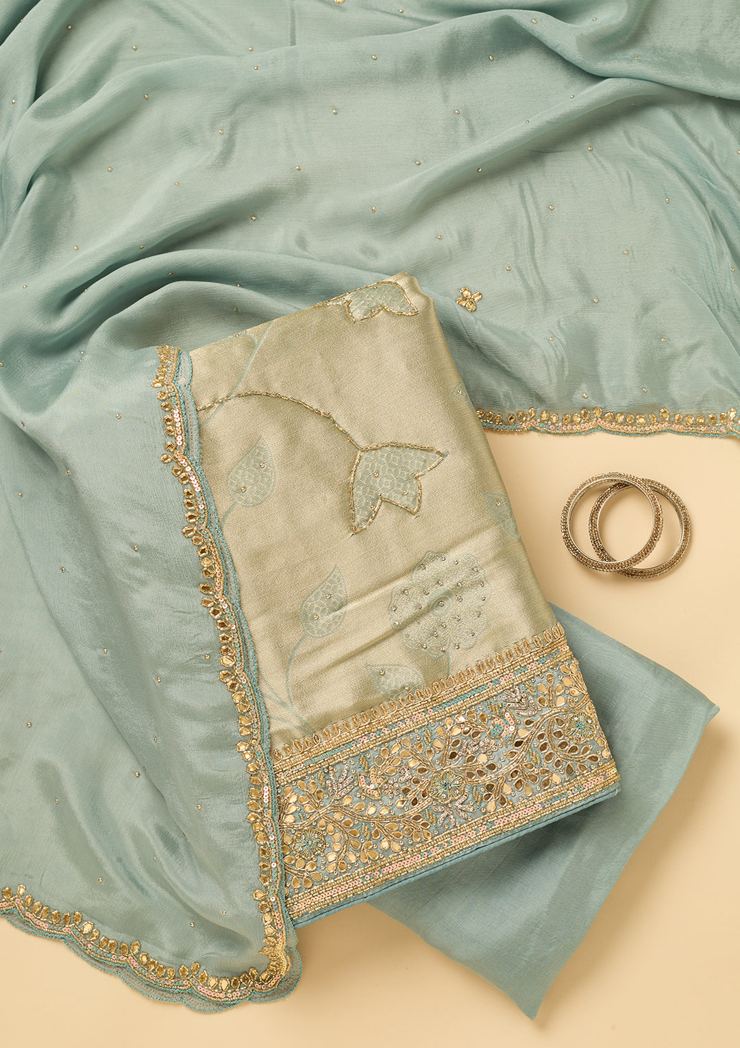 Sea Green Dola Silk Cutdana Unstitched Dress Material With Matching Bottom And Dupatta