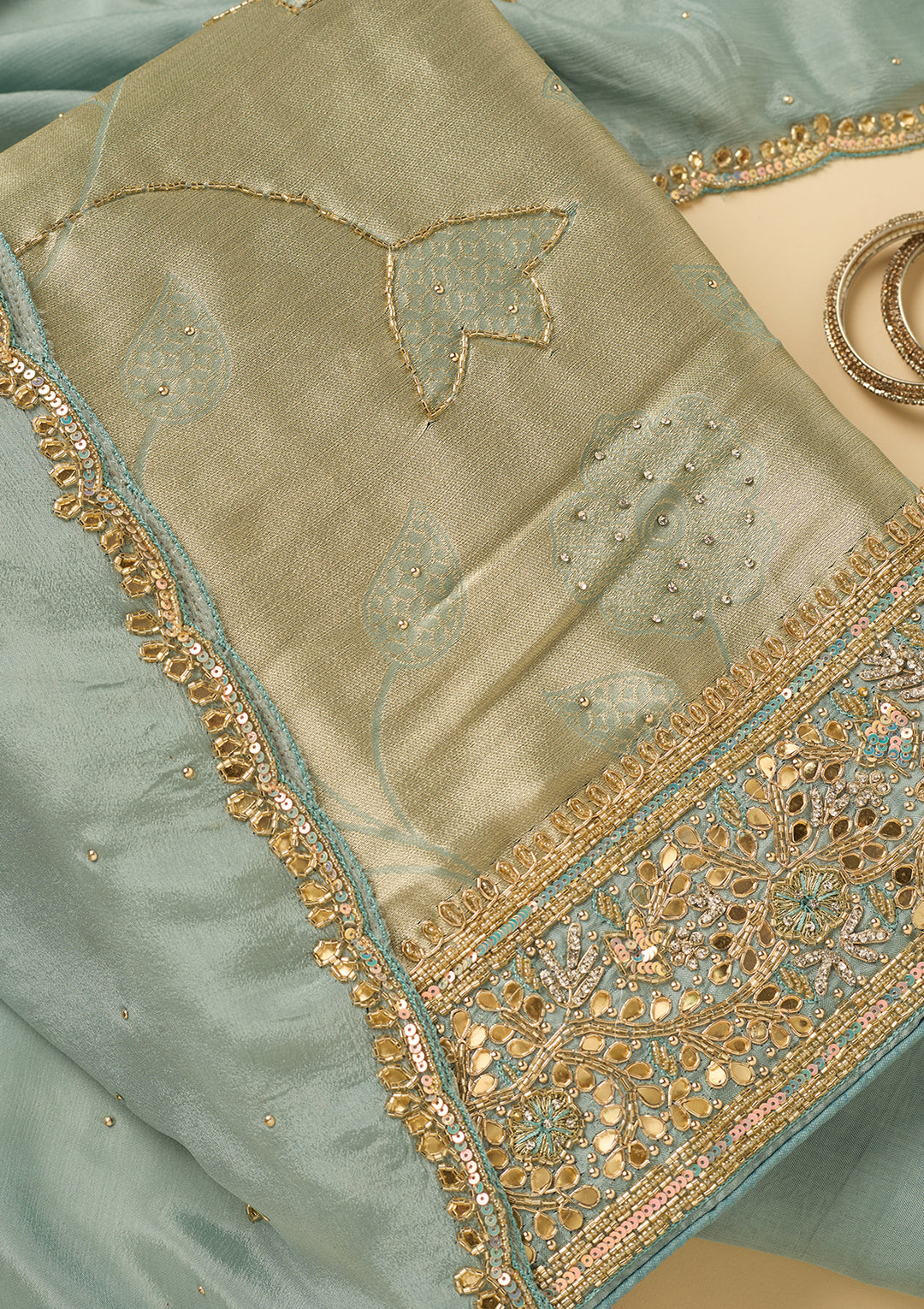 Sea Green Dola Silk Cutdana Unstitched Dress Material With Matching Bottom And Dupatta