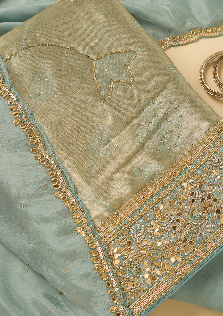 Sea Green Dola Silk Cutdana Unstitched Dress Material With Matching Bottom And Dupatta