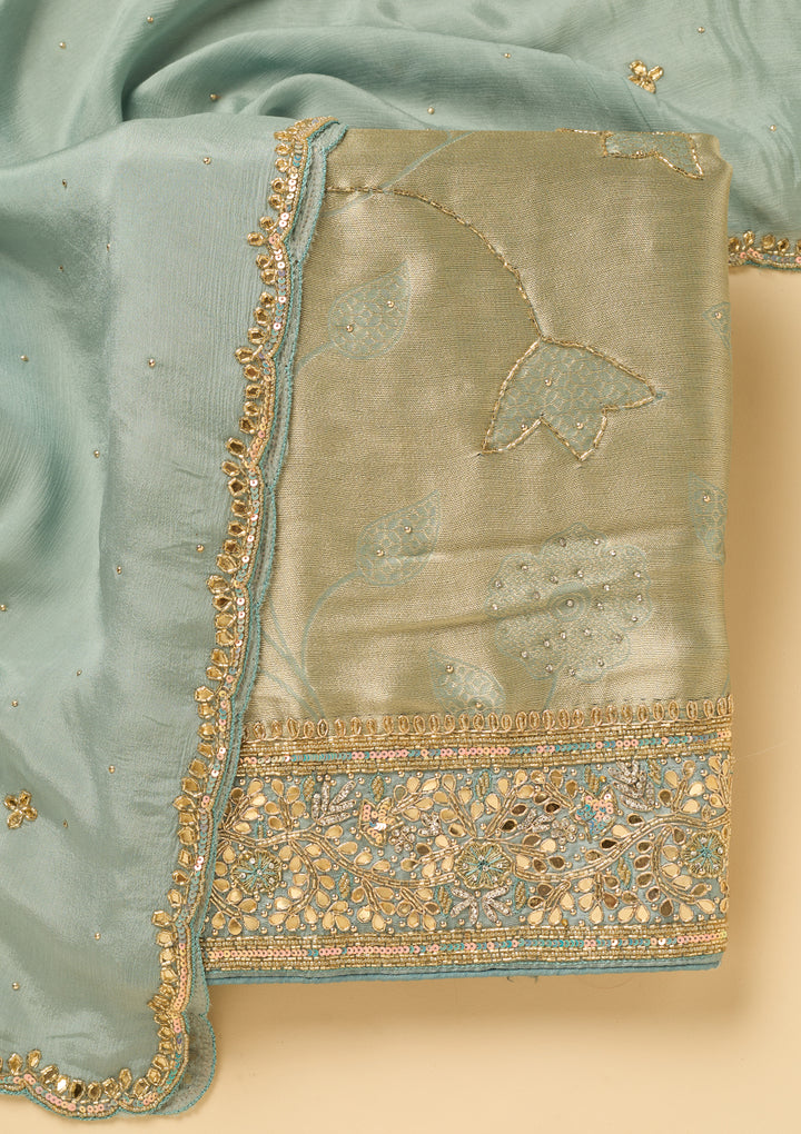 Sea Green Dola Silk Cutdana Unstitched Dress Material With Matching Bottom And Dupatta