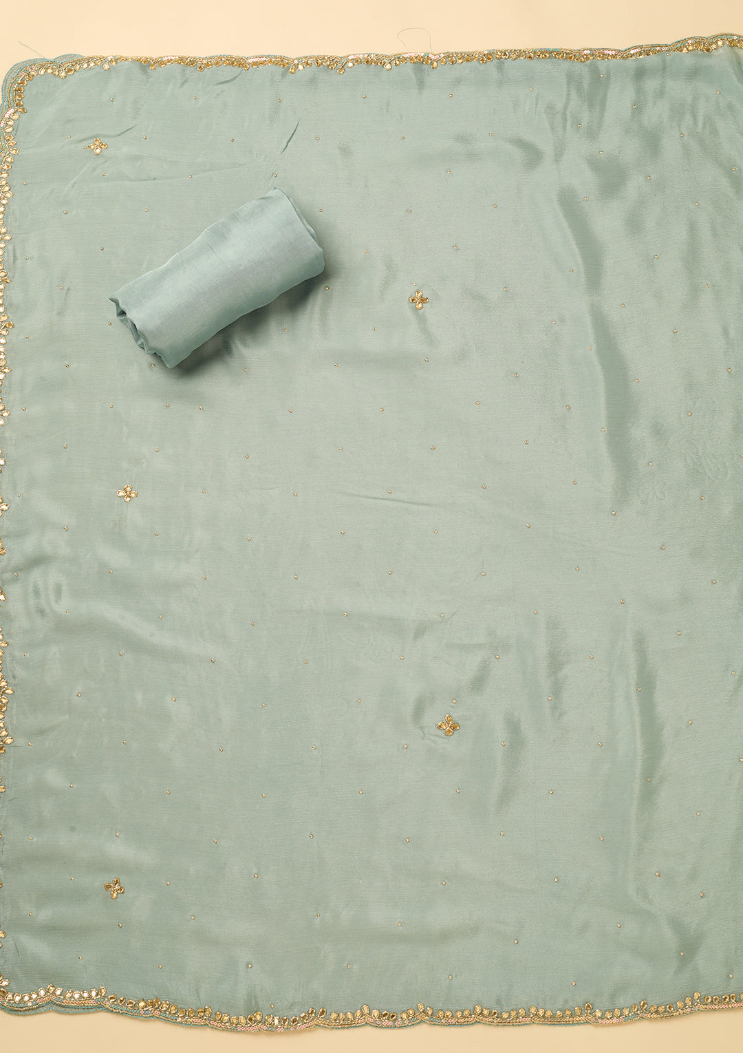 Sea Green Dola Silk Cutdana Unstitched Dress Material With Matching Bottom And Dupatta