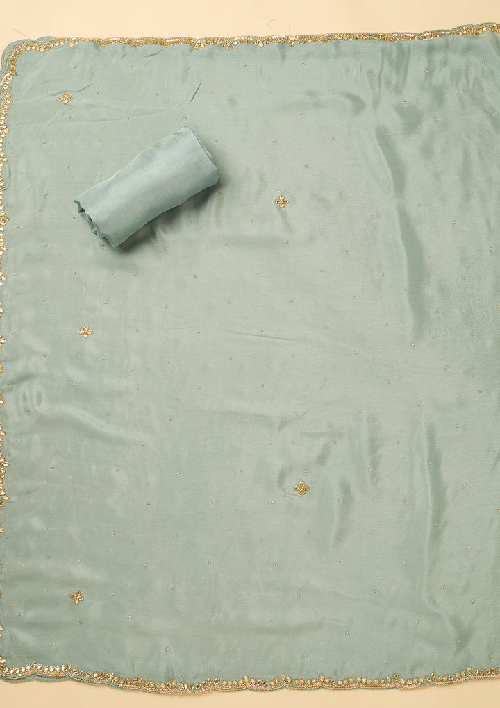 Sea Green Dola Silk Cutdana Unstitched Dress Material With Matching Bottom And Dupatta