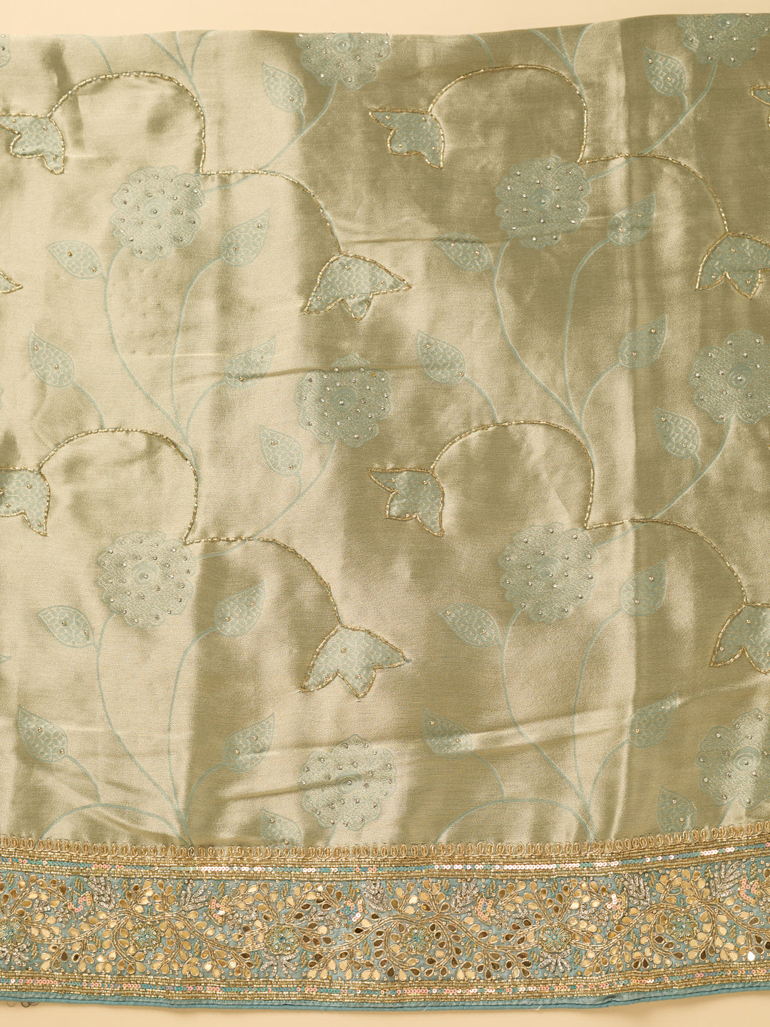 Sea Green Dola Silk Cutdana Unstitched Dress Material With Matching Bottom And Dupatta