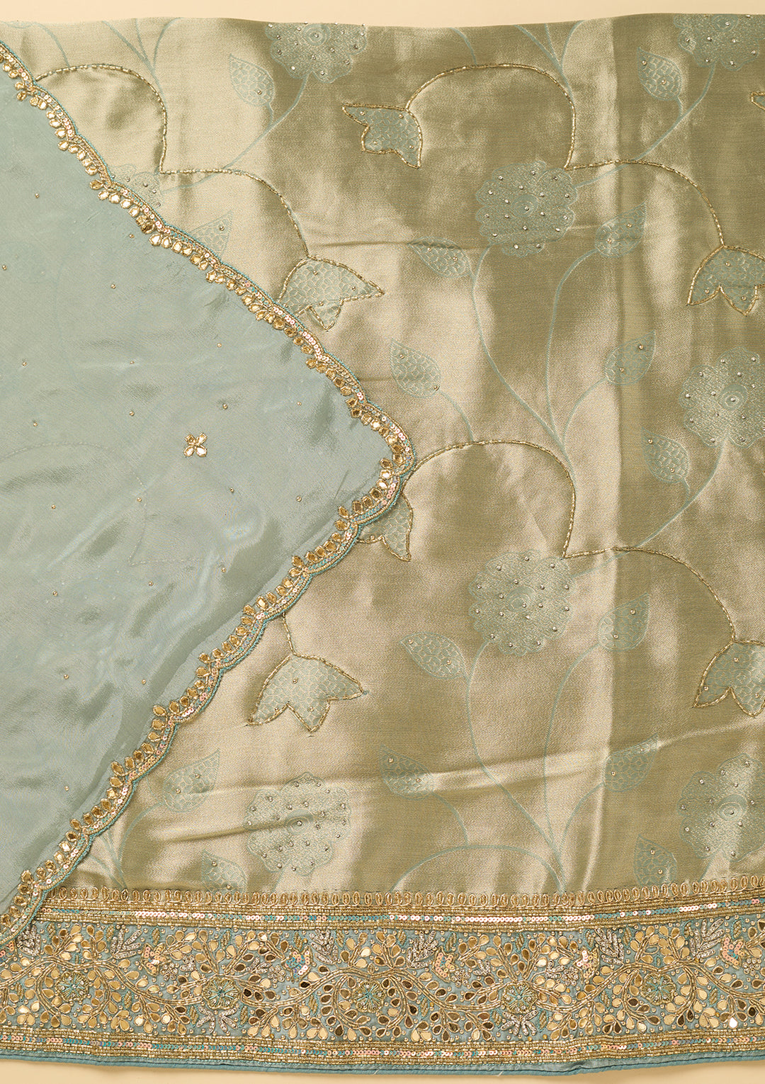Sea Green Dola Silk Cutdana Unstitched Dress Material With Matching Bottom And Dupatta