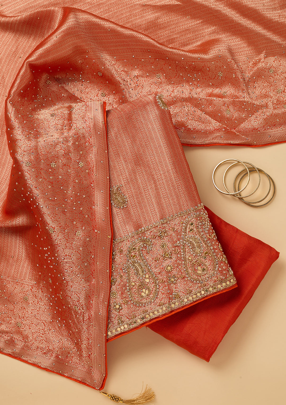 Orange Dola Silk Cutdana Unstitched Dress Material With Matching Bottom And Dupatta
