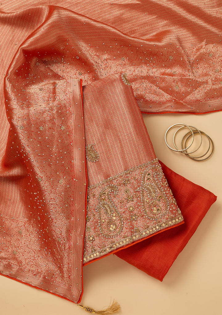 Orange Dola Silk Cutdana Unstitched Dress Material With Matching Bottom And Dupatta