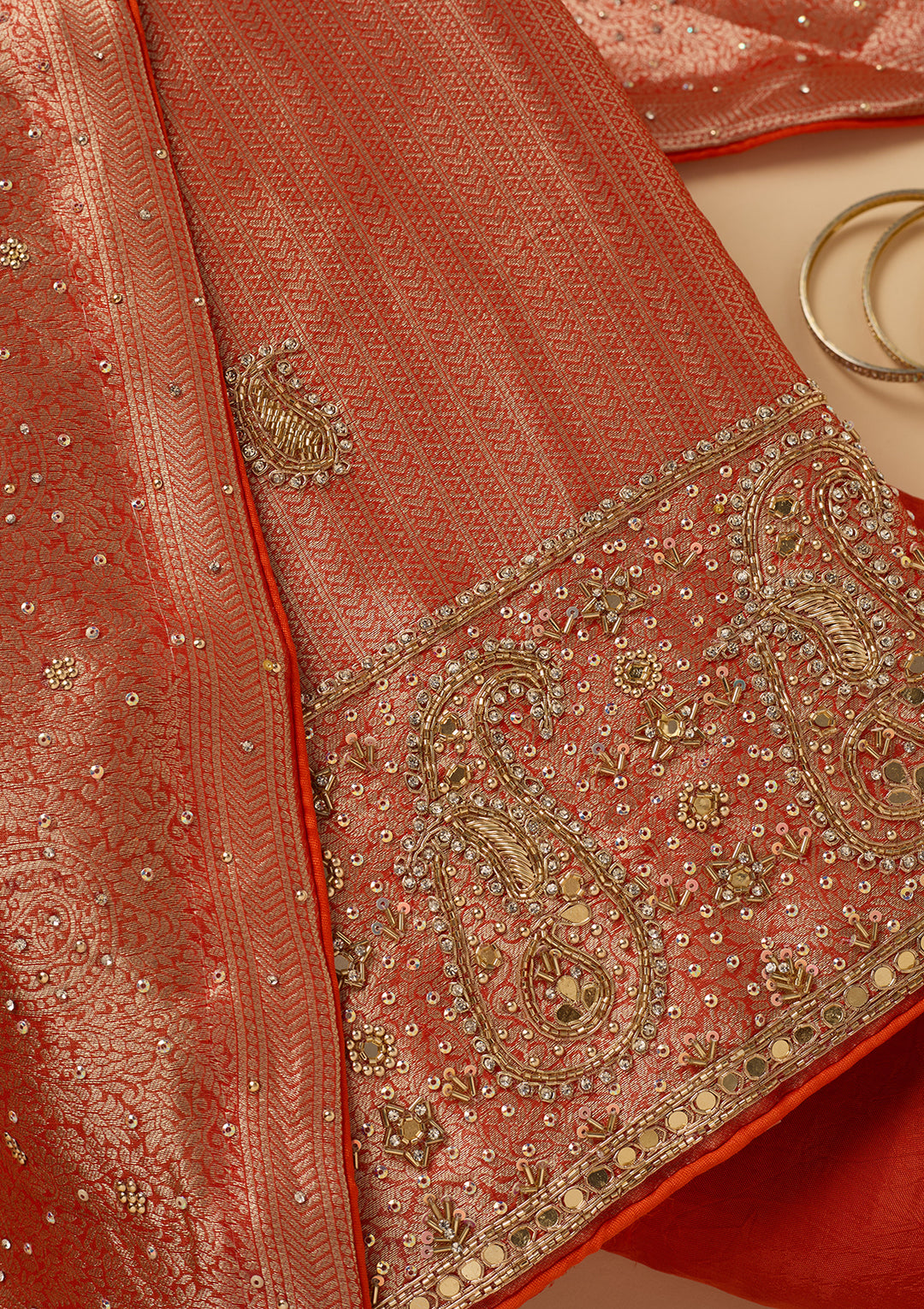 Orange Dola Silk Cutdana Unstitched Dress Material With Matching Bottom And Dupatta