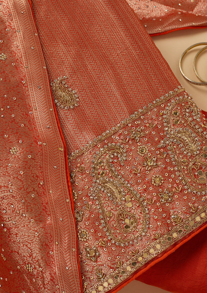 Orange Dola Silk Cutdana Unstitched Dress Material With Matching Bottom And Dupatta