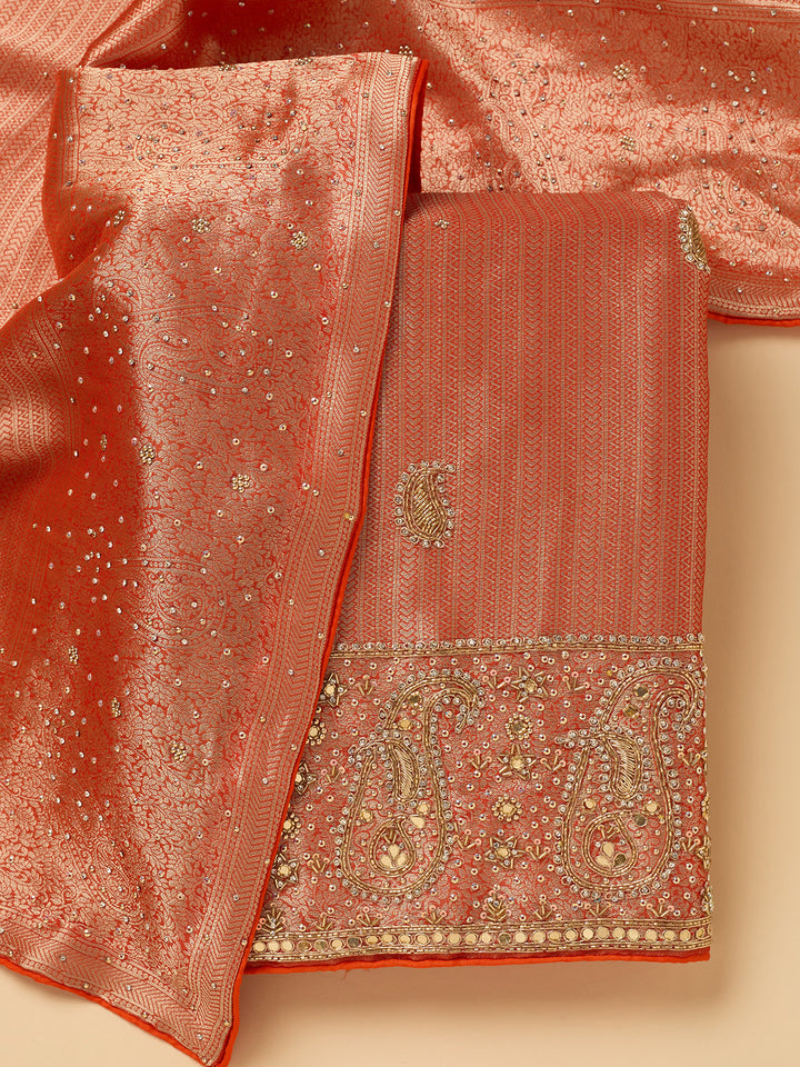 Orange Dola Silk Cutdana Unstitched Dress Material With Matching Bottom And Dupatta