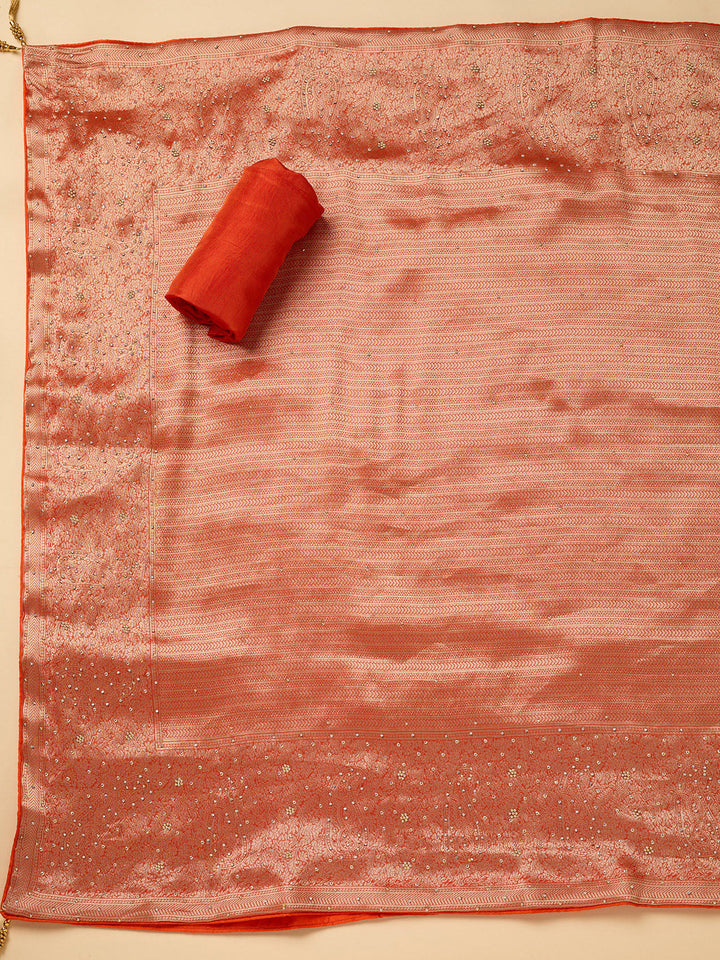 Orange Dola Silk Cutdana Unstitched Dress Material With Matching Bottom And Dupatta