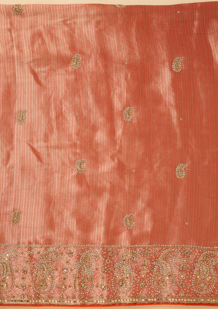 Orange Dola Silk Cutdana Unstitched Dress Material With Matching Bottom And Dupatta