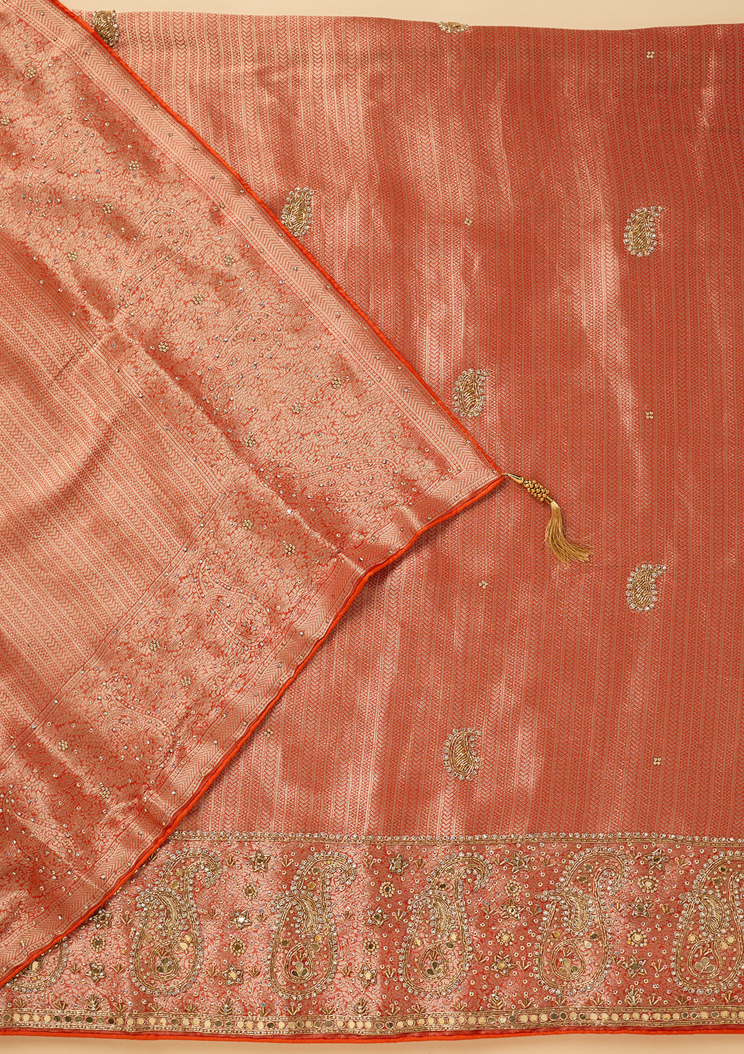 Orange Dola Silk Cutdana Unstitched Dress Material With Matching Bottom And Dupatta