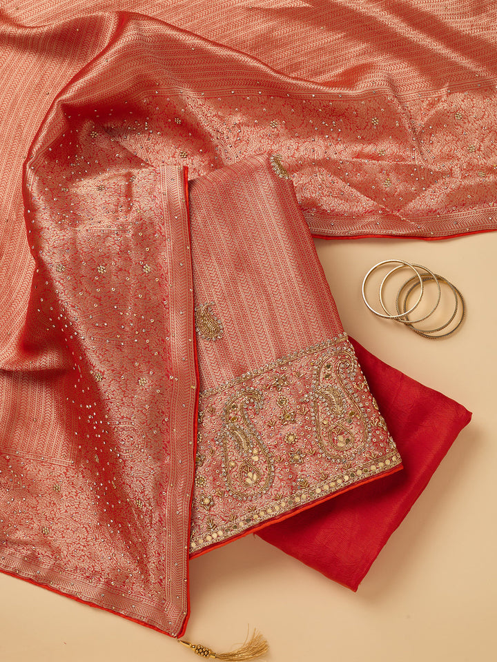 Red Dola Silk Cutdana Unstitched Dress Material With Matching Bottom And Dupatta