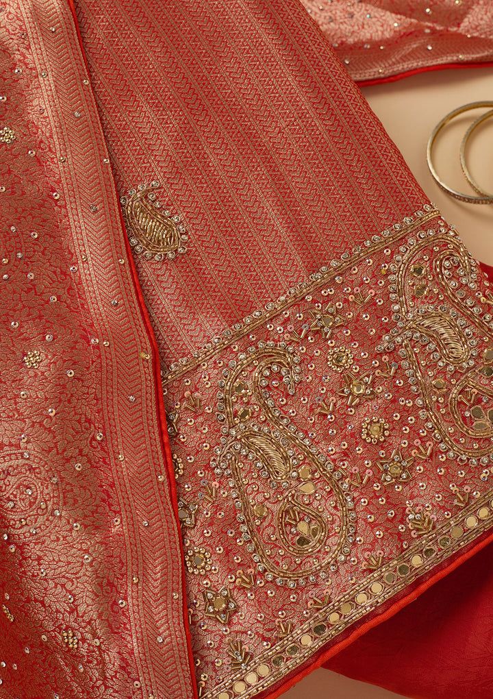 Red Dola Silk Cutdana Unstitched Dress Material With Matching Bottom And Dupatta
