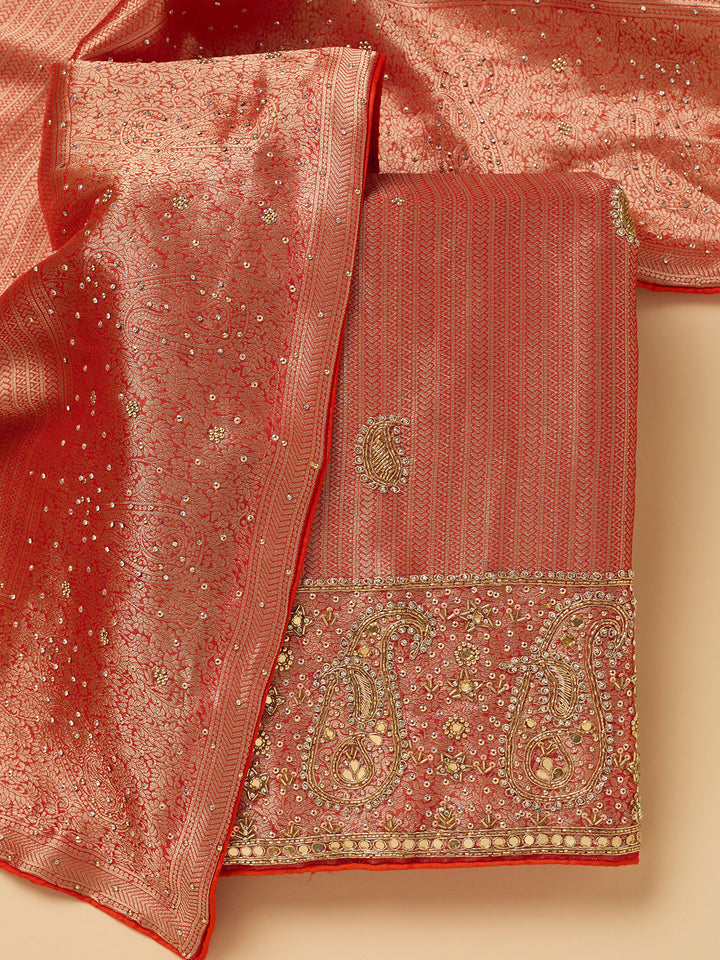 Red Dola Silk Cutdana Unstitched Dress Material With Matching Bottom And Dupatta