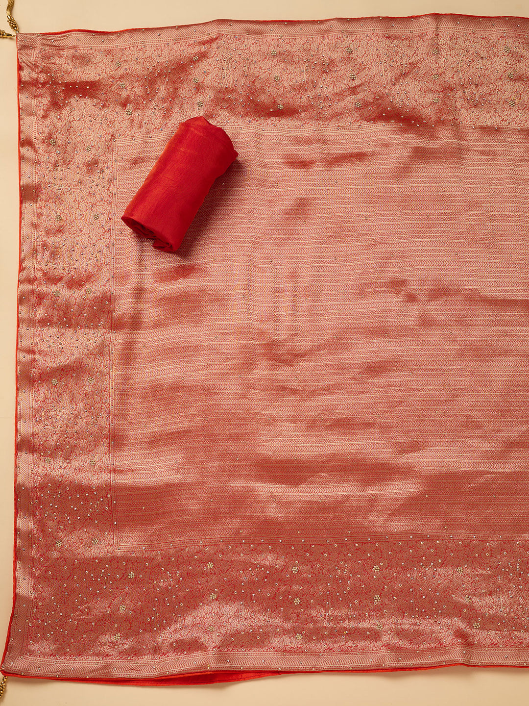 Red Dola Silk Cutdana Unstitched Dress Material With Matching Bottom And Dupatta
