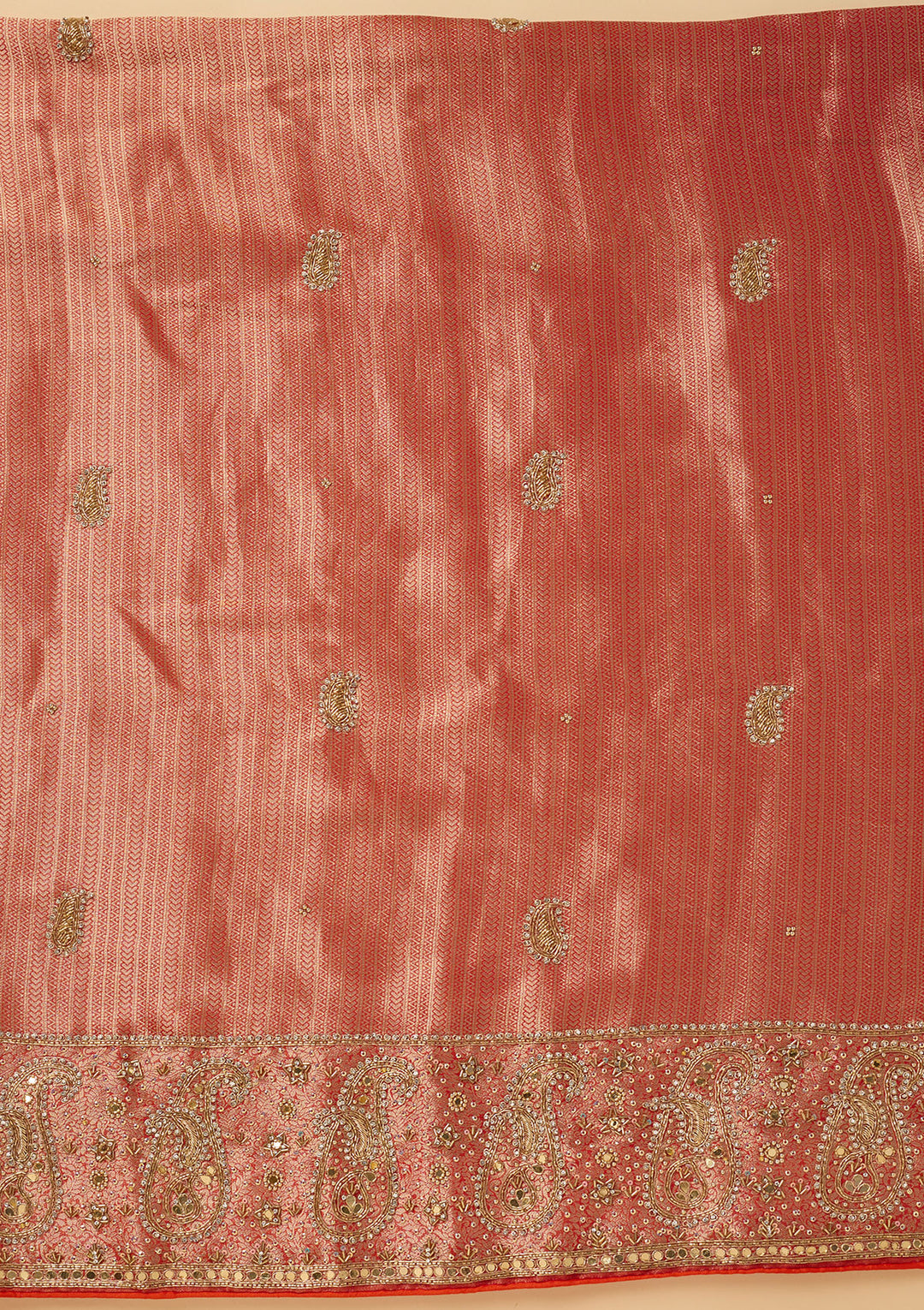 Red Dola Silk Cutdana Unstitched Dress Material With Matching Bottom And Dupatta
