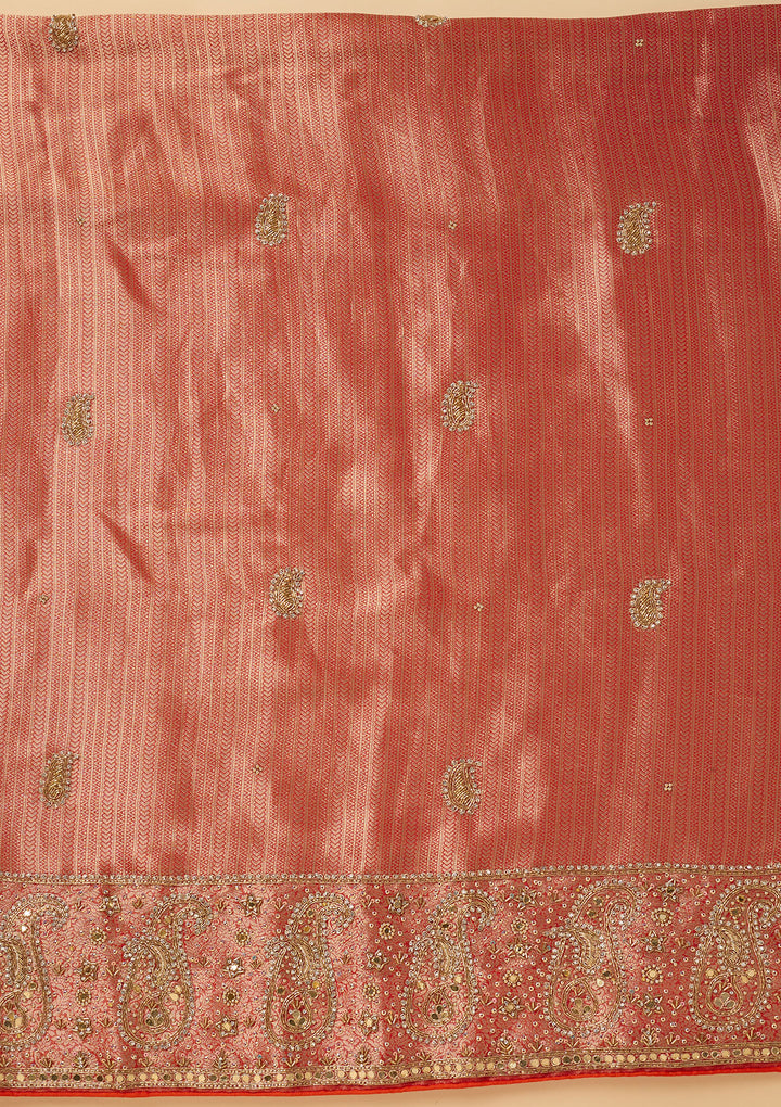 Red Dola Silk Cutdana Unstitched Dress Material With Matching Bottom And Dupatta