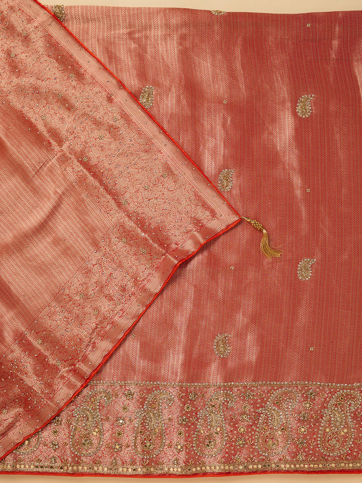 Red Dola Silk Cutdana Unstitched Dress Material With Matching Bottom And Dupatta