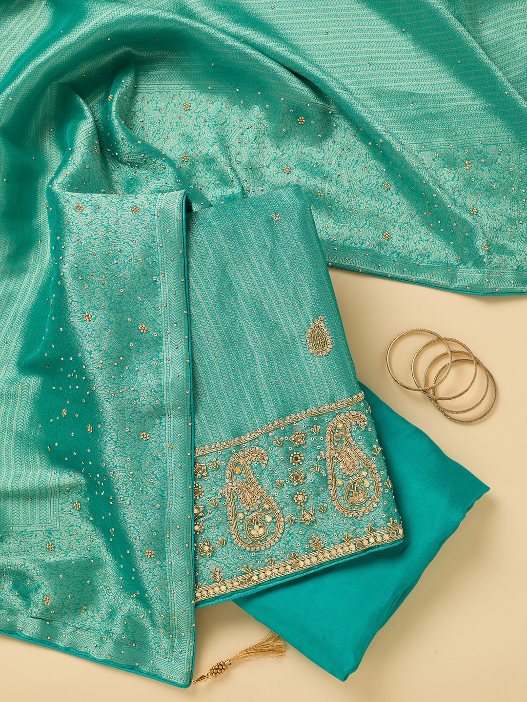 Turquoise Blue Dola Silk Cutdana Unstitched Dress Material With Matching Bottom And Dupatta