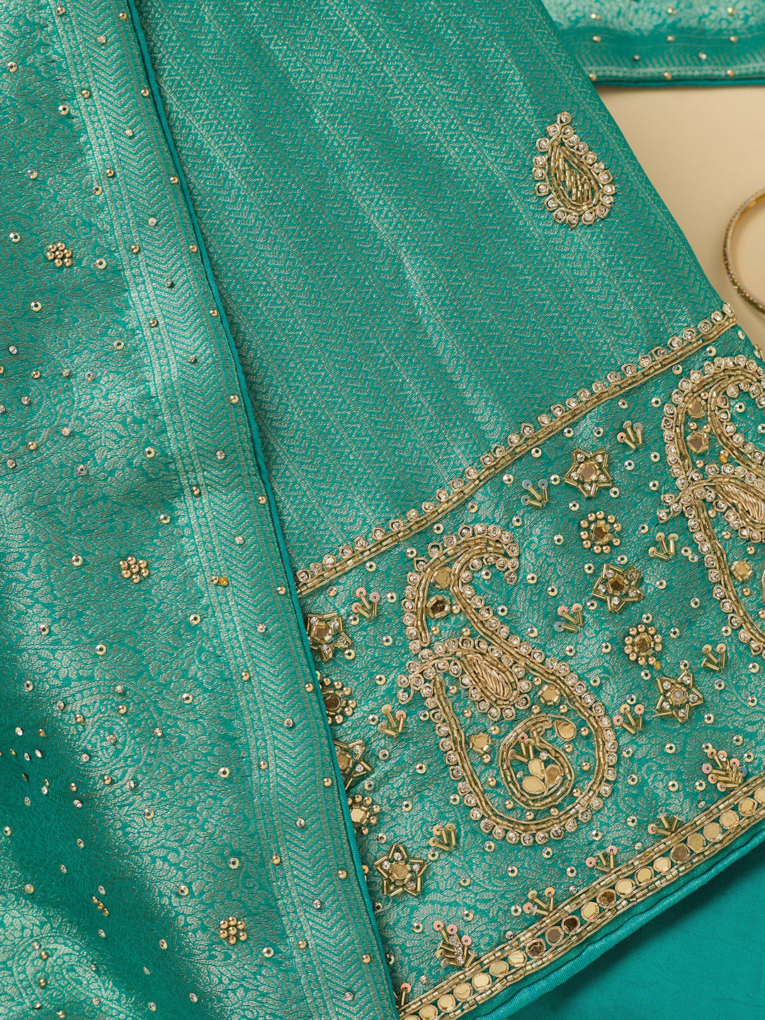 Turquoise Blue Dola Silk Cutdana Unstitched Dress Material With Matching Bottom And Dupatta