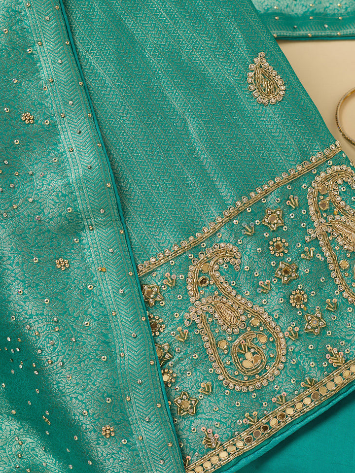 Turquoise Blue Dola Silk Cutdana Unstitched Dress Material With Matching Bottom And Dupatta