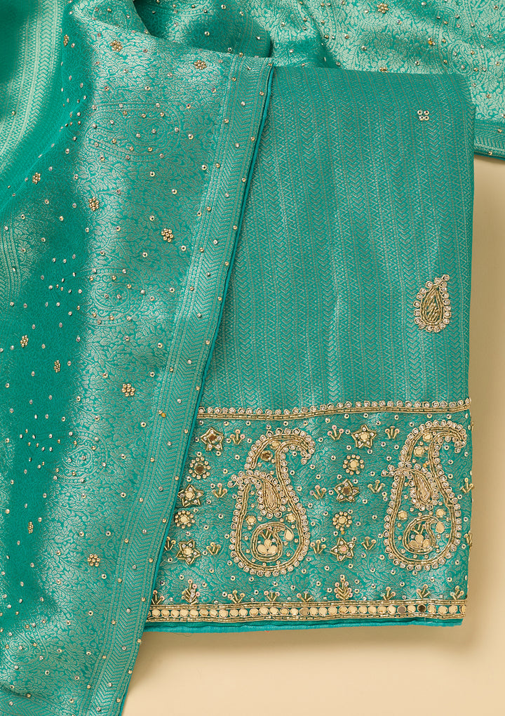Turquoise Blue Dola Silk Cutdana Unstitched Dress Material With Matching Bottom And Dupatta