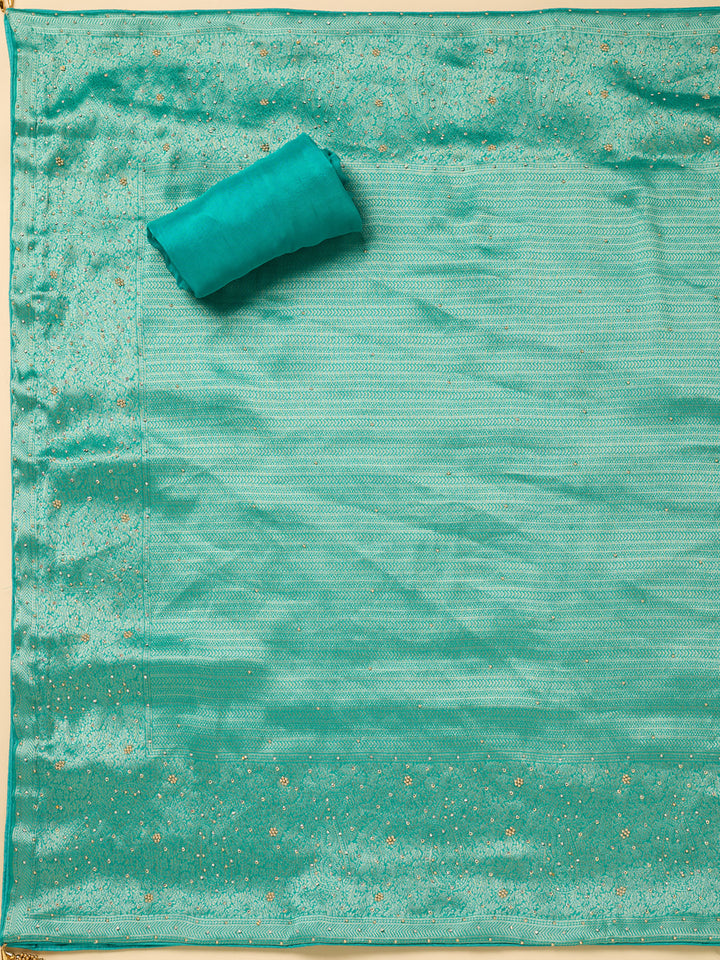 Turquoise Blue Dola Silk Cutdana Unstitched Dress Material With Matching Bottom And Dupatta