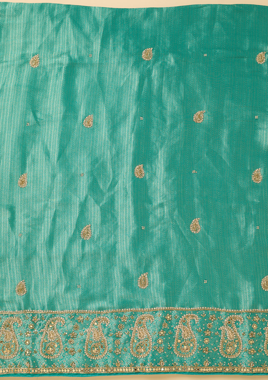 Turquoise Blue Dola Silk Cutdana Unstitched Dress Material With Matching Bottom And Dupatta
