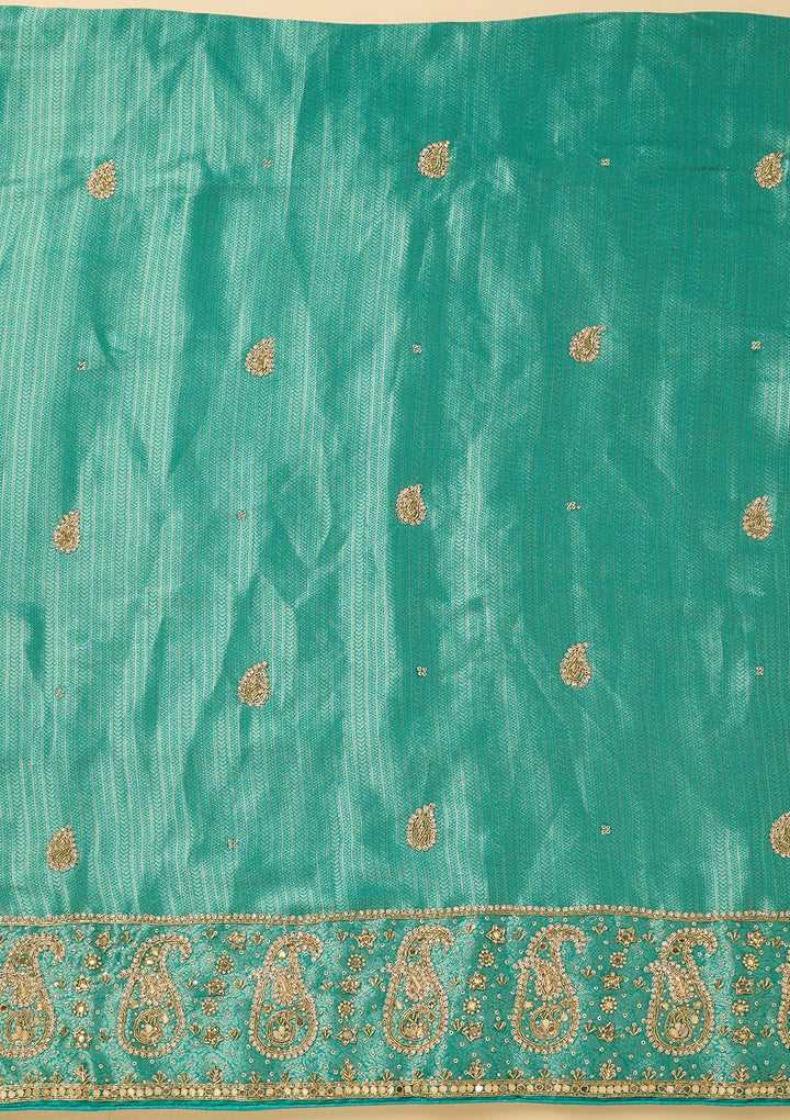 Turquoise Blue Dola Silk Cutdana Unstitched Dress Material With Matching Bottom And Dupatta