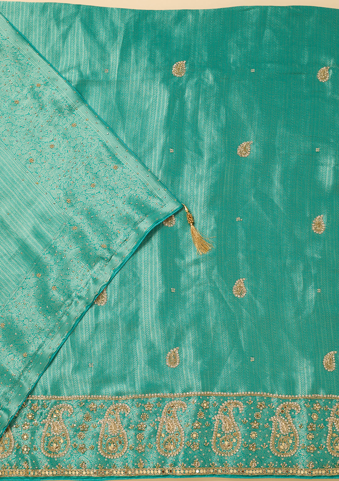 Turquoise Blue Dola Silk Cutdana Unstitched Dress Material With Matching Bottom And Dupatta