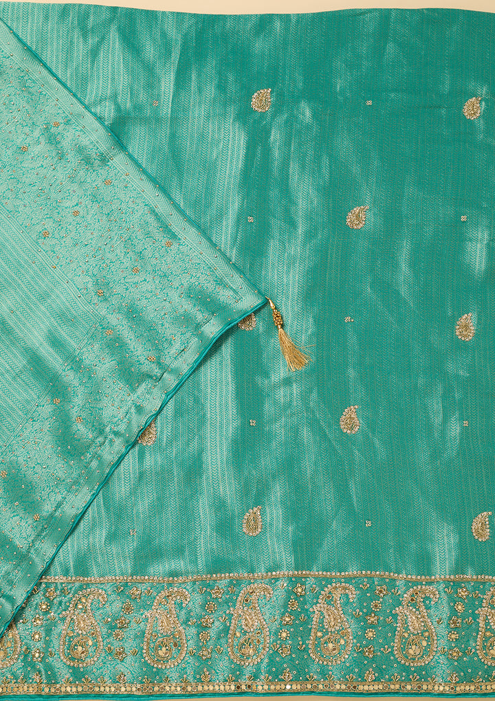 Turquoise Blue Dola Silk Cutdana Unstitched Dress Material With Matching Bottom And Dupatta