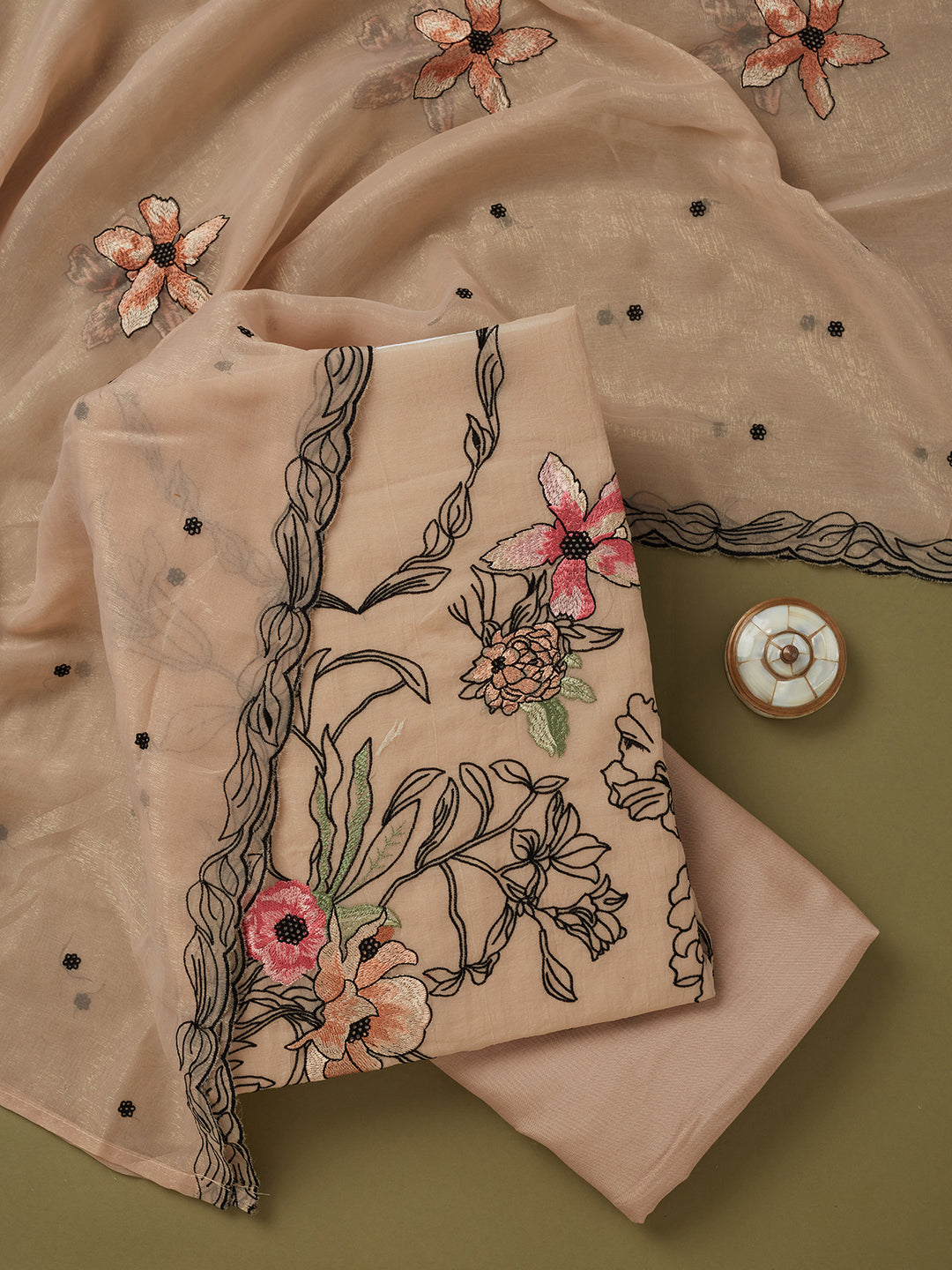 Beige Multi Tissue Threadwork Unstitched Dress Material With Matching Bottom And Dupatta
