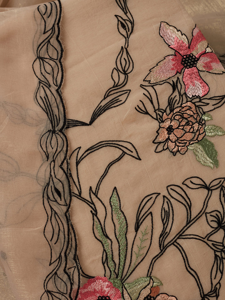 Beige Multi Tissue Threadwork Unstitched Dress Material With Matching Bottom And Dupatta