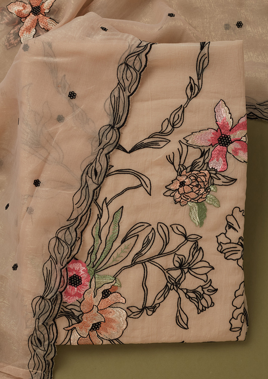 Beige Multi Tissue Threadwork Unstitched Dress Material With Matching Bottom And Dupatta