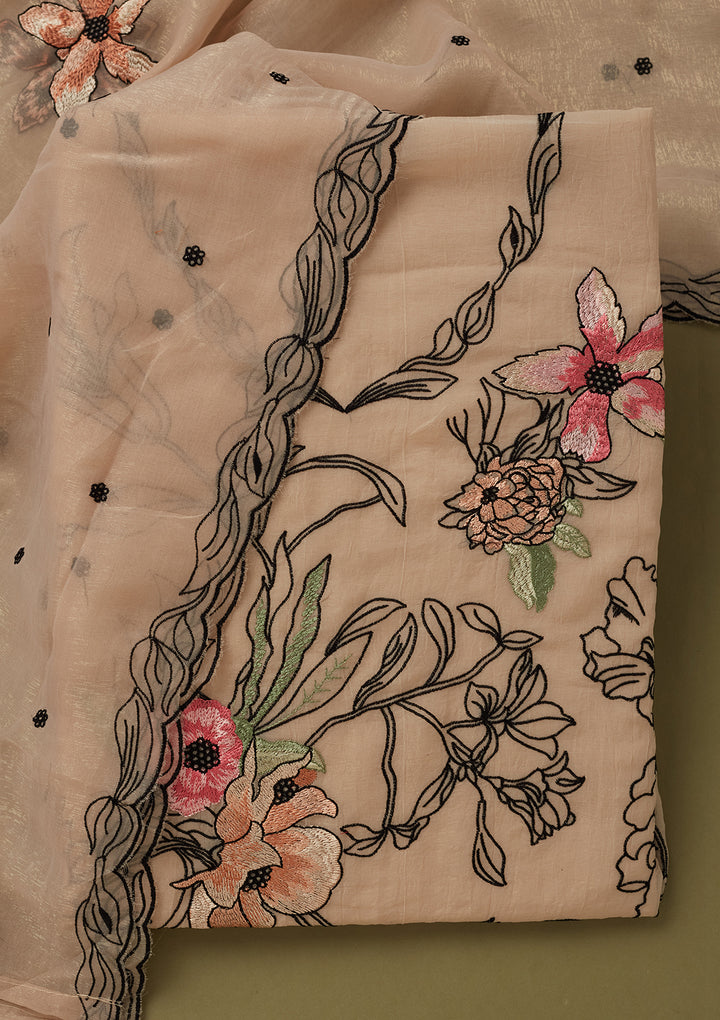Beige Multi Tissue Threadwork Unstitched Dress Material With Matching Bottom And Dupatta