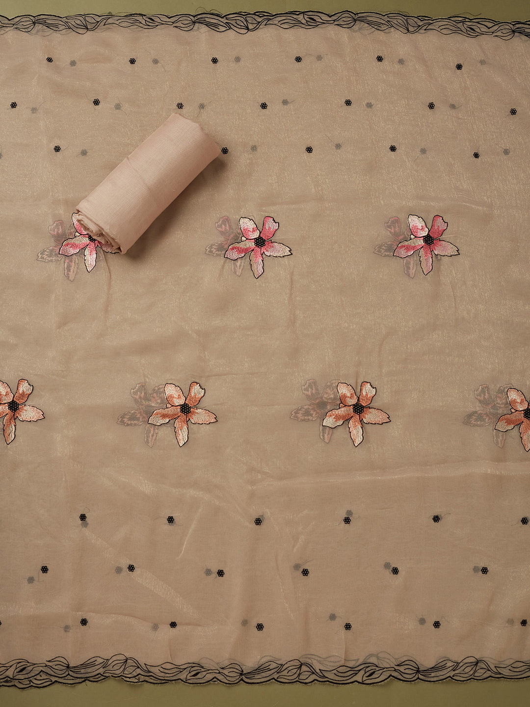 Beige Multi Tissue Threadwork Unstitched Dress Material With Matching Bottom And Dupatta