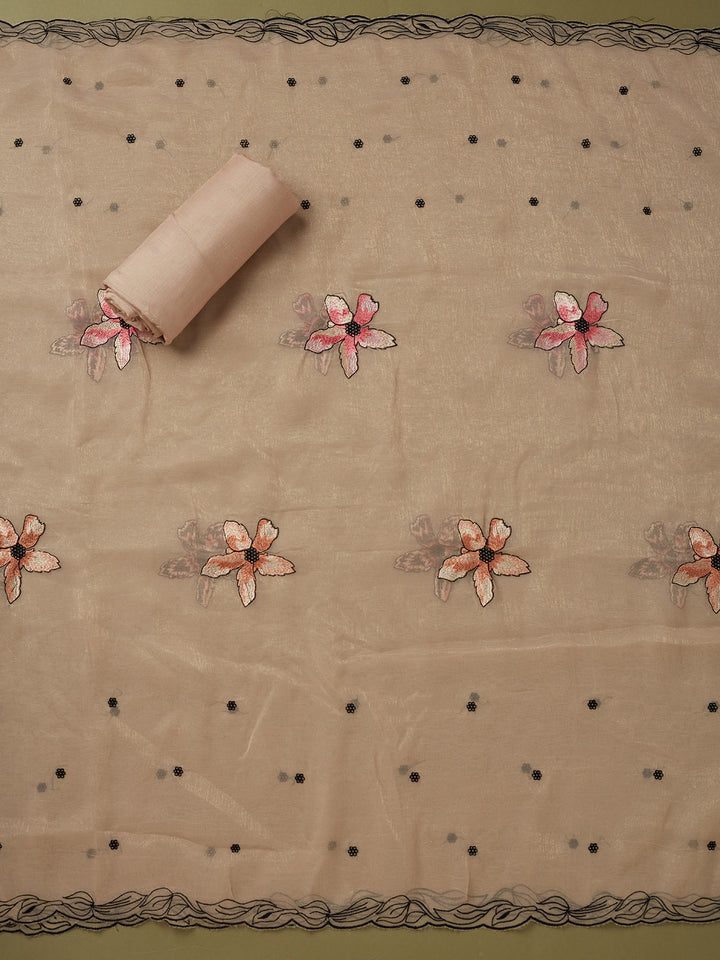 Beige Multi Tissue Threadwork Unstitched Dress Material With Matching Bottom And Dupatta