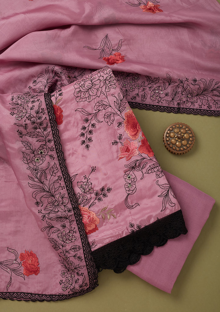Light Lavender Crepe Threadwork Unstitched Dress Material With Matching Bottom And Dupatta