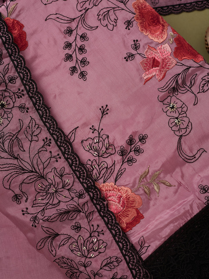 Light Lavender Crepe Threadwork Unstitched Dress Material With Matching Bottom And Dupatta