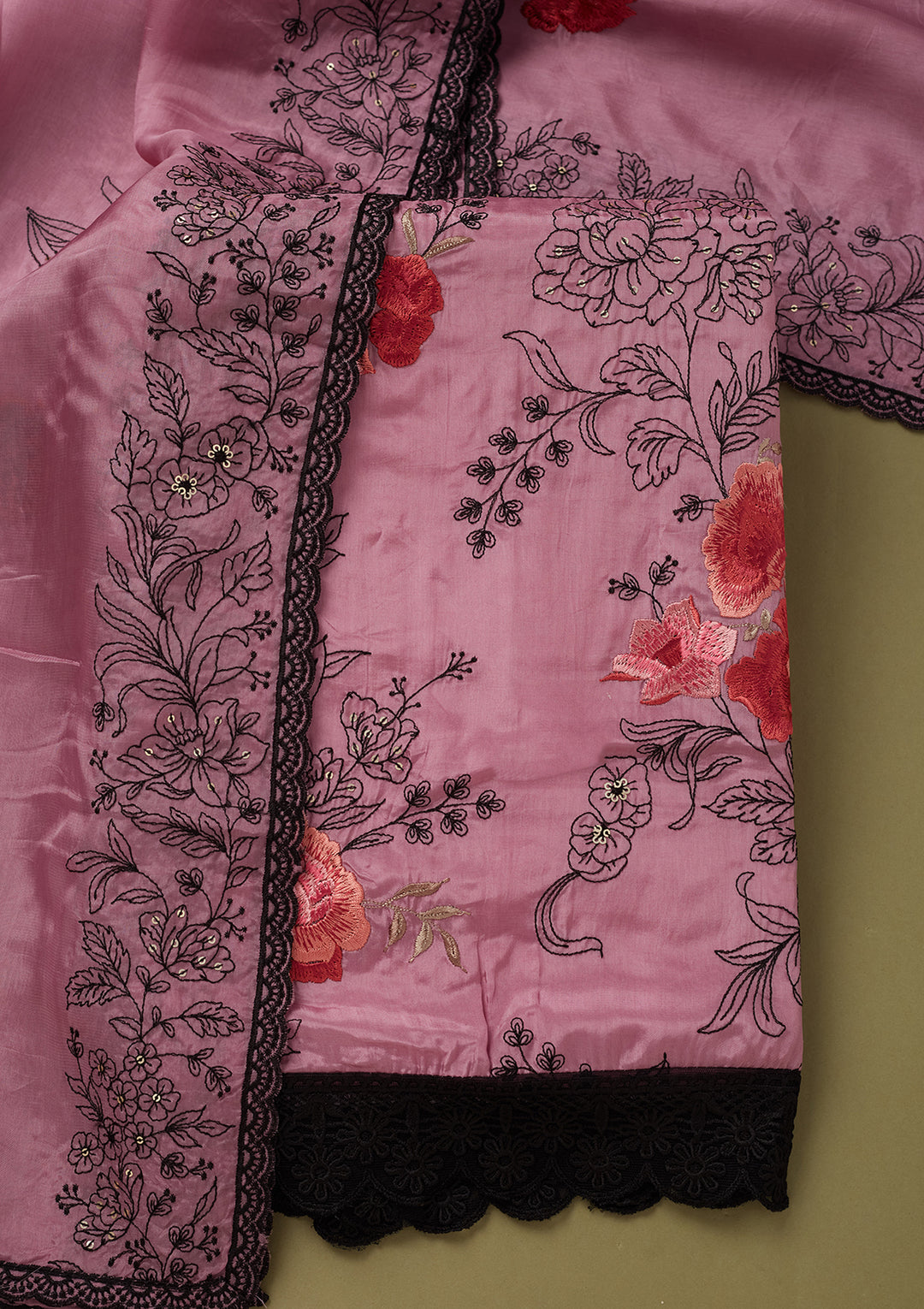 Light Lavender Crepe Threadwork Unstitched Dress Material With Matching Bottom And Dupatta