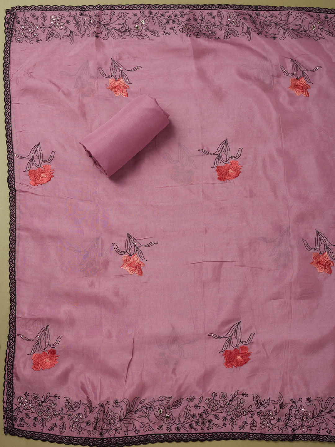 Light Lavender Crepe Threadwork Unstitched Dress Material With Matching Bottom And Dupatta