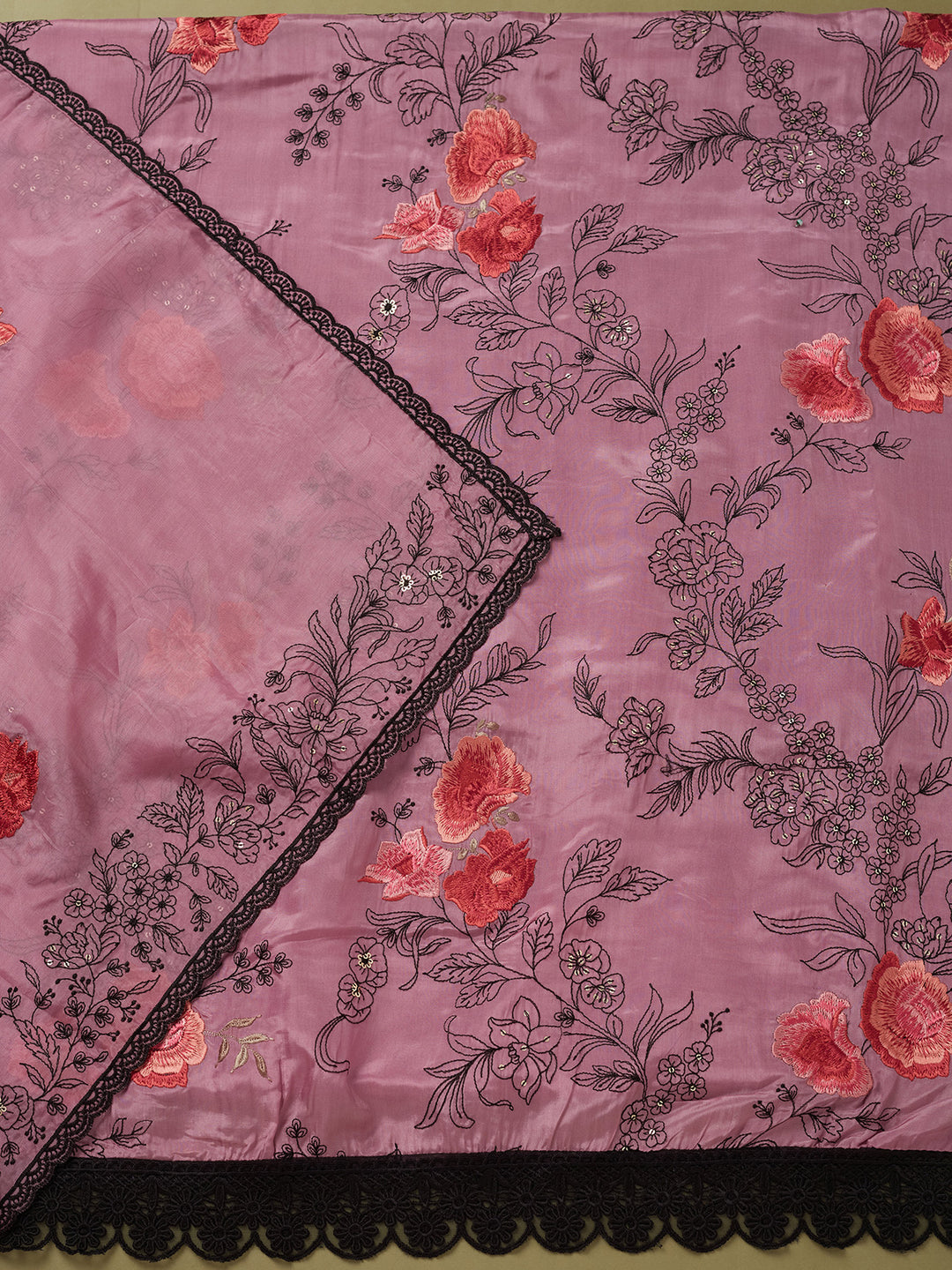 Light Lavender Crepe Threadwork Unstitched Dress Material With Matching Bottom And Dupatta