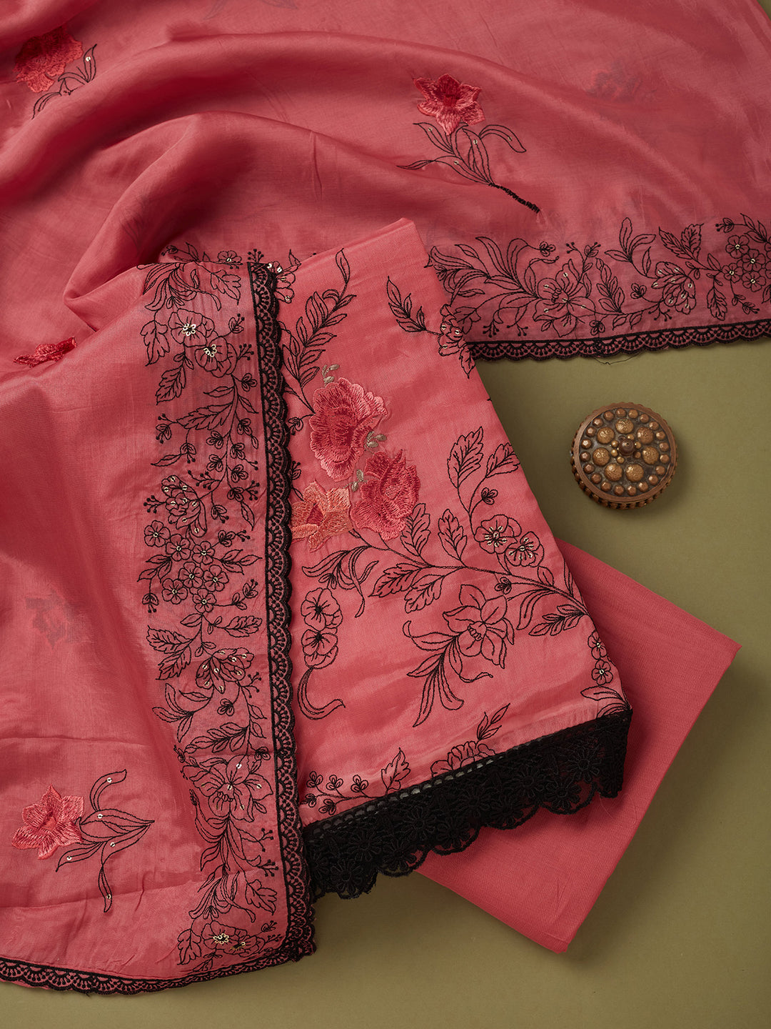 Onion Pink Crepe Threadwork Unstitched Dress Material With Matching Bottom And Dupatta